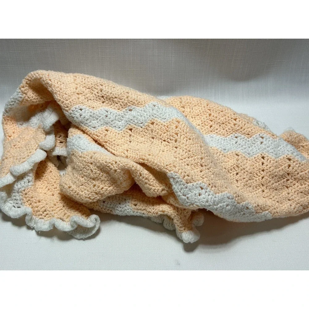 Handmade Crocheted Peach/Pink White Striped Frilly Baby blanket  31 X 32 In OOAK